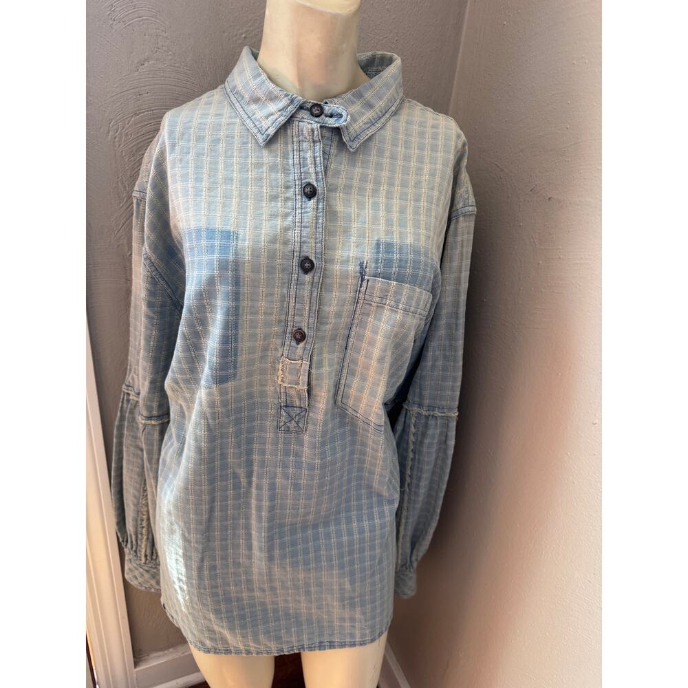 We The Free People Glacier Bay printed checked distressed tunic